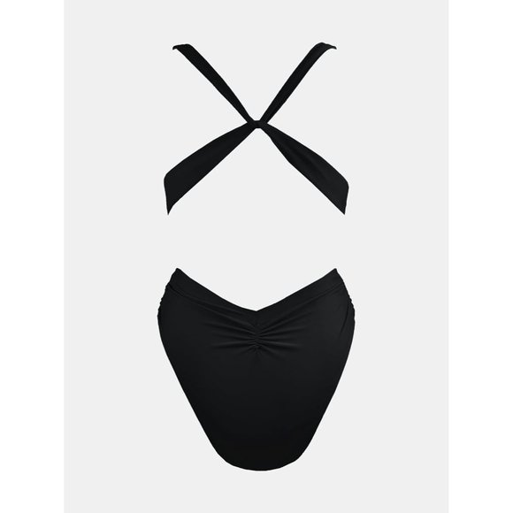 Women Black One Piece Cut Out Cross Back Tie Deep V Neck Bathing Suit - Picture 6 of 6